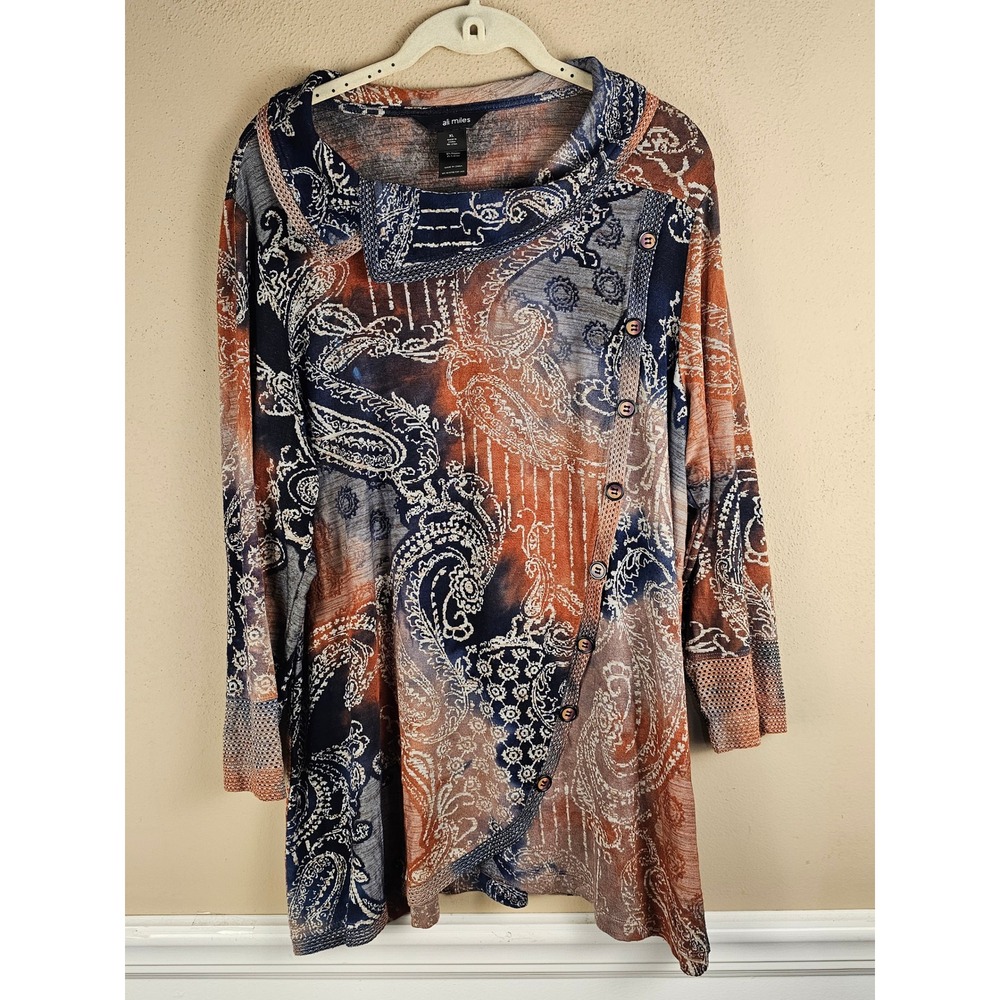 Ali Miles Womens Brown Navy Artsy‎ Shirt Tunic Top XL